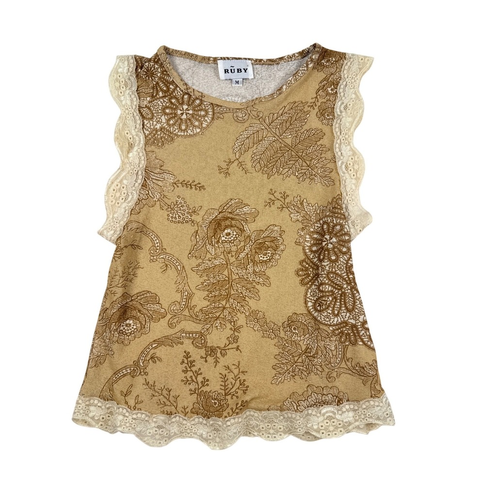 90s Vintage Boho Floral Toile Lace Trim Sleeveless Tank Top Tan Brown Size M